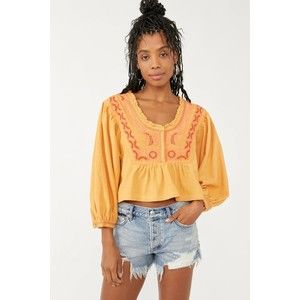 Free People Iggie Embroidered Scoop Neck Balloon Sleeve Boxy Cropped Top XS